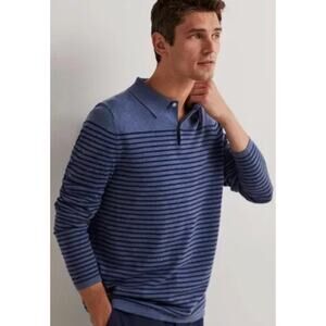Boden Men's Merino/ Cotton Blue Striped Polo Knit Shirt Size Large